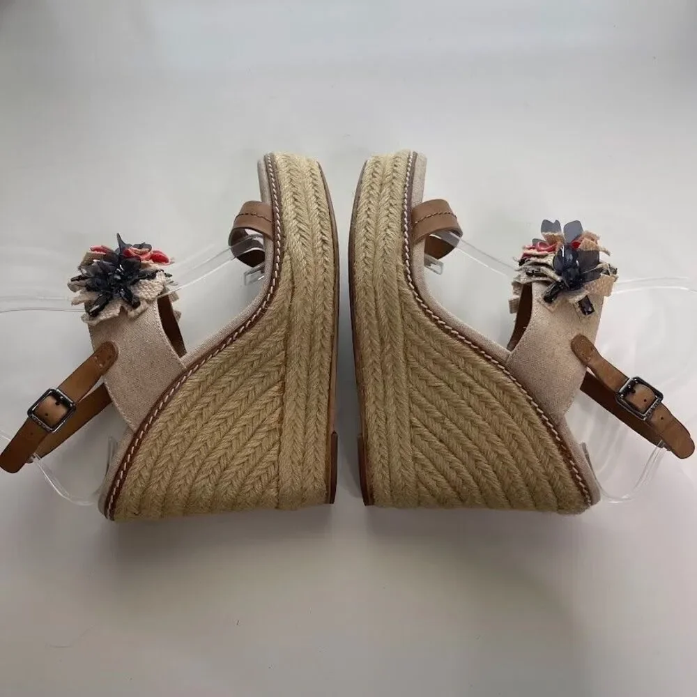 Tory Burch Linen Espadrille Wedge 7.5 Double Strap Sandals Boho Floral Jeweled